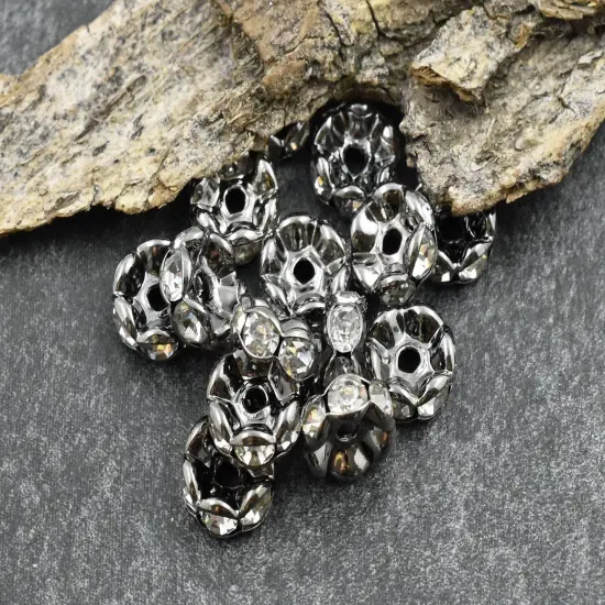 Gunmetal w/ Crystal Rhinestone Wavy Edge Rondelle Spacer Beads {5}