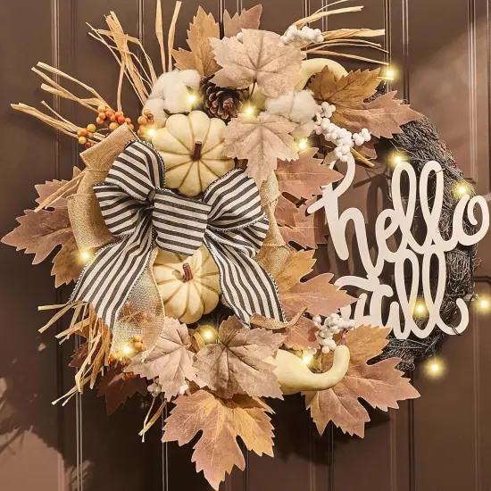Neutral Autumn Door Wreath with Lights {1}
