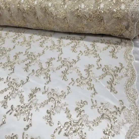 1 Yard Champagne Metallic Flowers Sequins Mesh Lace Fabric for Tablecloths and Costumes {1}