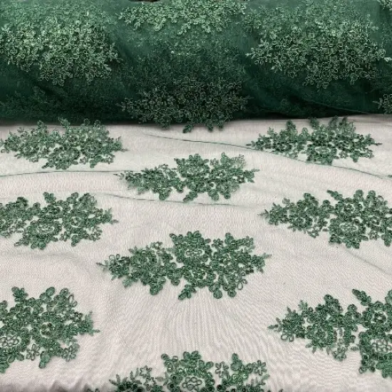 1 Yard Hunter Green Sequin Lace Fabric 100% Polyester Embroidered Mesh with Scalloped Edges 51&rdquo; Wide {1}