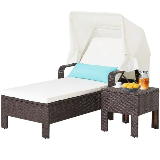 Costway 2PCS Patio Rattan Lounge Chair Chaise with Side Table Folding Canopy Cushion Pillow {1}
