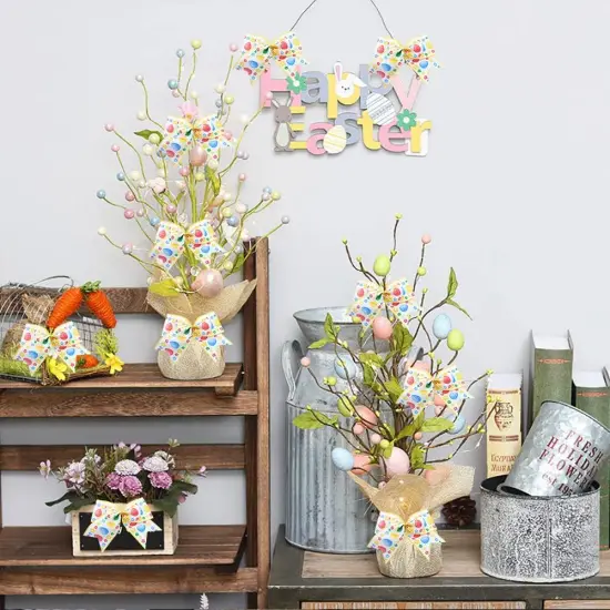 10 Pieces Easter Bows for Wreath, Happy Easter Wreath Bows White Yellow Burlap Bows Spring Holiday Eggs Flowers Gift Bows for Front Door Easter Spring Birthday Party Decorations Supplies {3}