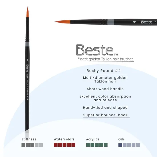 Creative Mark Beste Golden Taklon Bushy Round, #4 Artist Paint Brush, Professional Watercolor Brushes, For Acrylic Painting, Short Handle, Sharp Edges, Hand-Tied & Shaped {3}