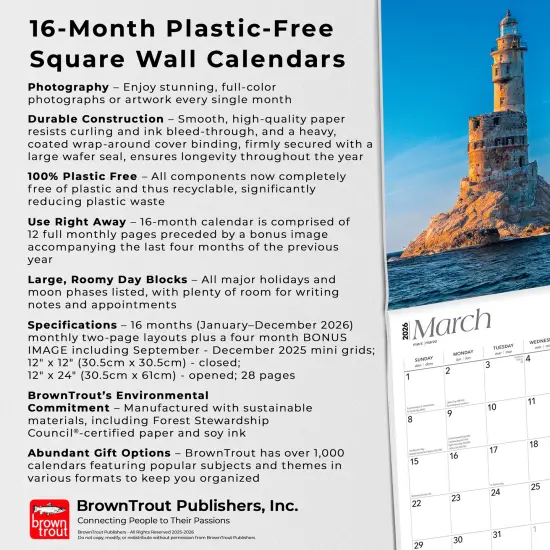 World's Greatest Lighthouses | 2026 12 x 24 Inch (Hanging) Monthly Square Wall Calendar | Foil Stamped Cover | Plastic-Free {6}