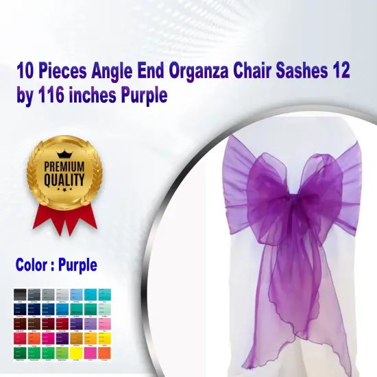 10 Pieces Angle End Organza Chair Sashes 12 by 116 inches Purple {1}