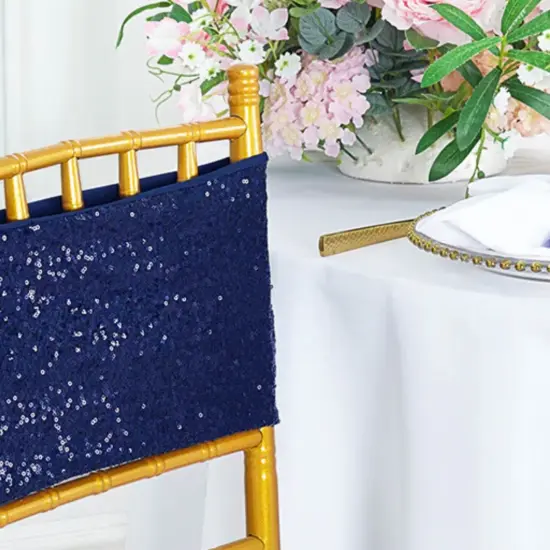 10 Pieces Elegant Navy Blue Sequin Stretch Spandex Chair Bands 7 x 13 Inches {5}
