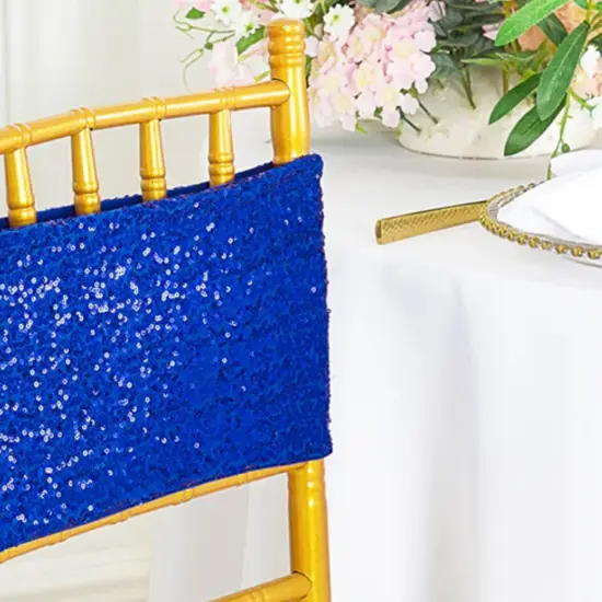 10 Pieces Radiant Royal Blue Sequin Stretch Spandex Chair Bands 7 x 13 Inches {5}