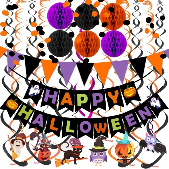 Happy Halloween Banner Paper Triangle Flag Bunting Circle Confetti Dots {1}