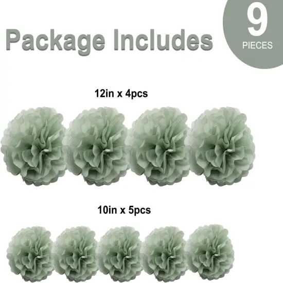 9PCS Dusty Sage Green Tissue Paper Pom Poms Flowers Wall Hanging Backdrop Streamers for Botanical Neutral Baby Shower Wedding Birthday Bridal Shower Nursery Room Garden D&eacute;cor {2}