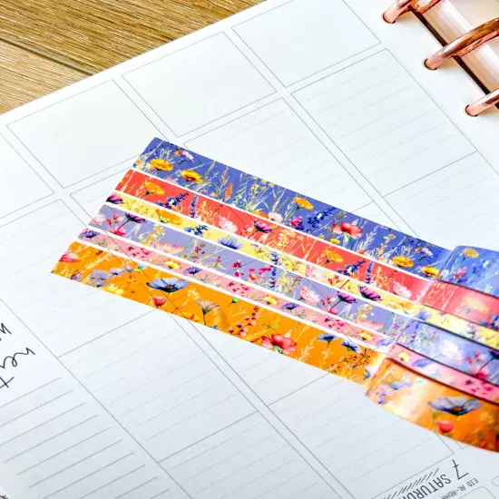 Summer Wildflowers Purple Coral Pink Yellow Periwinkle Washi Tape Set June 2025 - W134 {3}