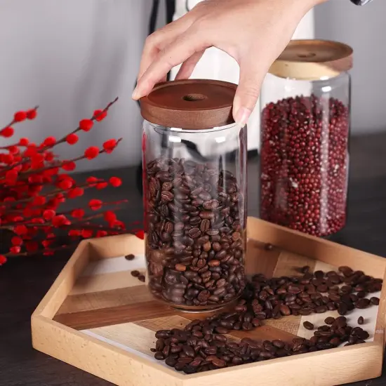 Home Borosilicate Glass Kitchen jars/Canisters with Acacia Wood Airtight Lid Set-2 Pack 30Oz/900ml,Minimalist Preprinted Farmhouse Style. White Matte Sticker Black Text. {1}