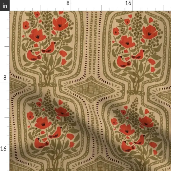 Various Fabrics by the Yard or Fat Quarter Retro Boho Floral Maximalist Large Scale Red Poppies Scarlet Tanager Songbird Warm Bohemian Eclectic Olive Green Custom Printed Fabric by Spoonflower {2}