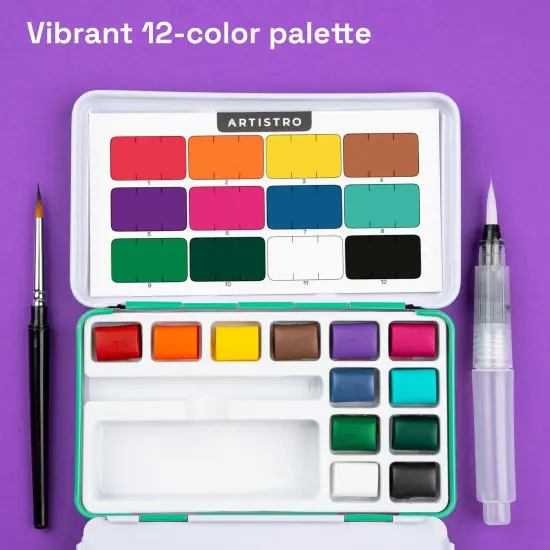 ARTISTRO Watercolor Paint Set in 12 Colors - Travel Watercolor Set with Metal Case & Bright Watercolors - Portable Set for Beginners & Amateur Artists {5}