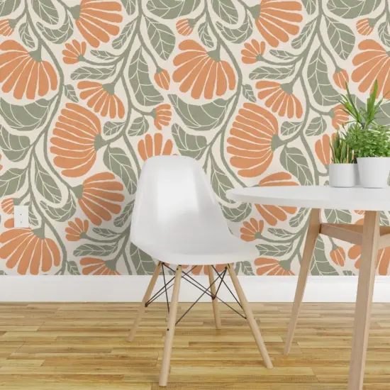 Pre-Pasted Wallpaper 2FT Wide Boho Floral Modern Farmhouse Chic Cottage Vintage Botanical Damask Flowers Rustic Kitchen Moss Sage Green Retro Block Print Peach Orange Large Custom Pre-pasted Wallpaper by Spoonflower {1}