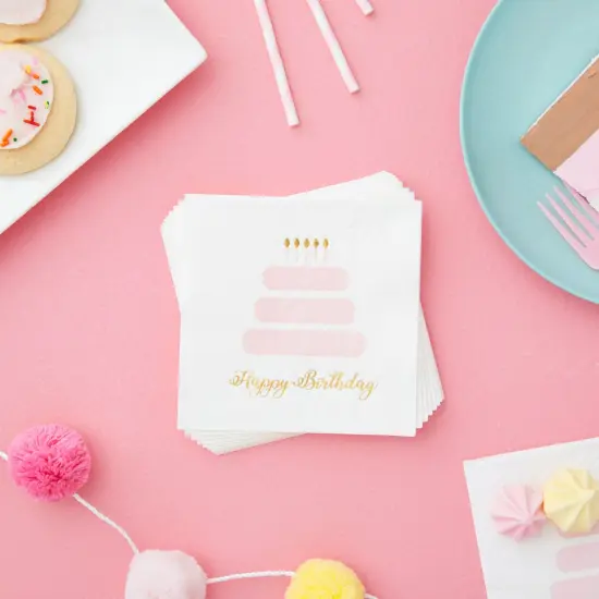 50 Pack Light Pink Happy Birthday Cocktail Napkins for Women with Gold Foil Accents, 3-Ply (5 x 5 In) White {2}