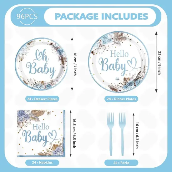 96 PCS Boho Dusty Blue Baby Shower Decorations & Tableware Set - Serves 24 {4}