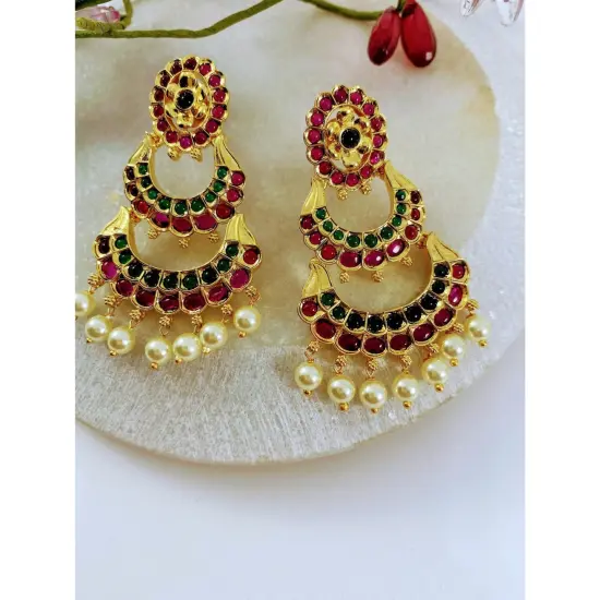 Indian Jhumka Earrings for Women - Vintage Indian Jhumki Ethnic Chandbali Earrings Pink & Green Beaded Bollywood Style Dangle Earring Jewelry for Bride | Gift for Her {5}
