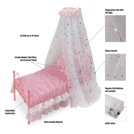 Badger Basket Starlights LED Canopy Metal Doll Bed with Bedding - Pink {3}