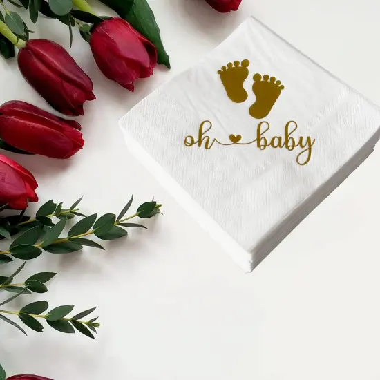 Pack of 50 Baby Shower Oh Baby Napkins 3 Ply (White & Gold) {4}