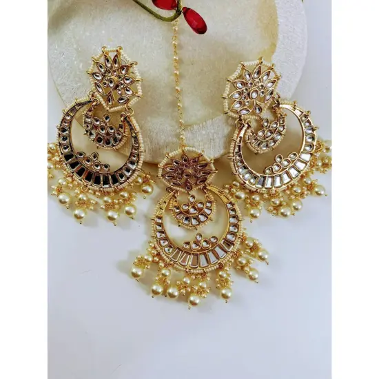 Kundan Chandbalis Set, Indian Jewelry, Pakistani Jewelry Set, Mang Tikka Earing Set, Chandbalis Earrings, Chandbalis, Punjabi Jewelry {4}