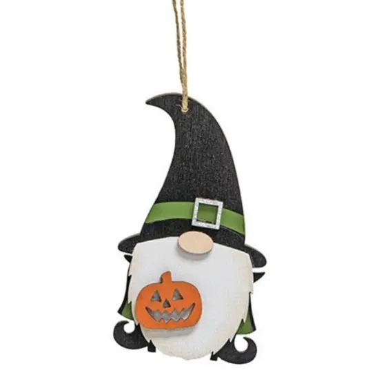 Wooden Witch-Shaped Ornament with Pumpkin Accent and Jute Rope for Halloween Party Decoration {1}