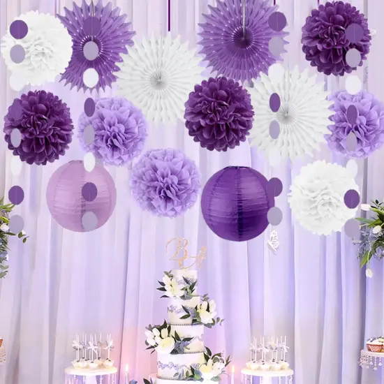 Purple White Lavender Party Decorations Paper Fans Paper Pom Pom Flowers Lanterns Baby Bridal Shower Wedding Bachelorette Graduation {5}