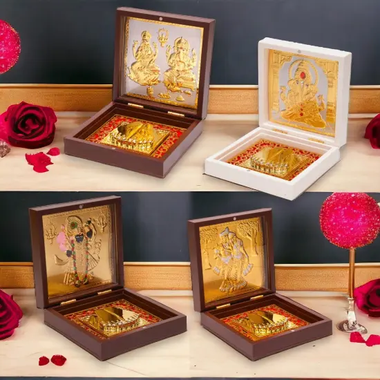 Gold Plated Laxmi Ganesha, Radha Krishna, Shrinath Ji, Ganesh, Ram Laxman Sita (ram Darbar) with Charan Paduka - Diwali Housewarming Return Gift Pooja Room Decor Hindu God Paduka Prayer Box {2}