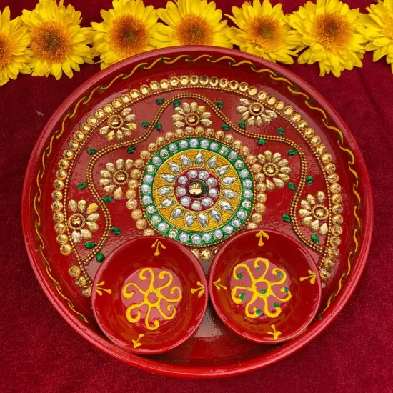 6 Inch Rhinestone Pooja Aarti Thali with Bowls Meenakari Work Red Painted Handmade Platter Haldi Kumkum Thali Ganesha Chaturthi Teej Diwali Puja Thali Housewarming Gift {3}