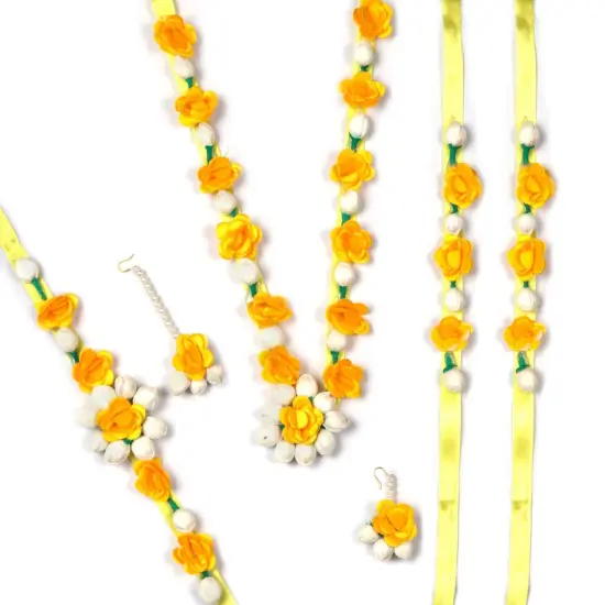 Flower Designer Jewelry Set for Women Handmade Necklace with Earrings Maang Tikka Wristbands Waistbelt Indian Artificial Jewelry for Haldi Mehndi Wedding Party Bridal Red {3}