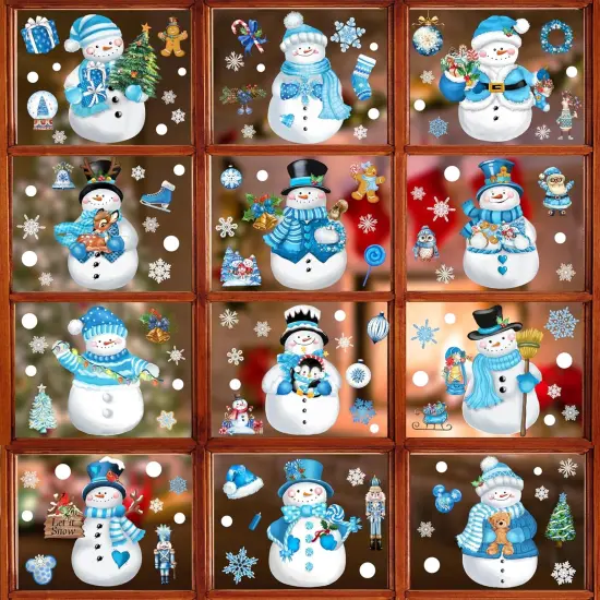 Christmas Window Clings - 13 Sheets Blue Snowman Snowflake Decals {1}