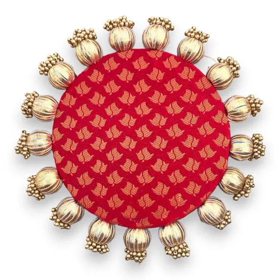 Reversible Patola Platter Brocade Fabric Handmade Centerpiece Mat-Floor Rangoli Diwali Housewarming Gift Home Temple Table Decor Mehendi Thaal Decor Puja Thali - Asan for God Goddess Green {7}