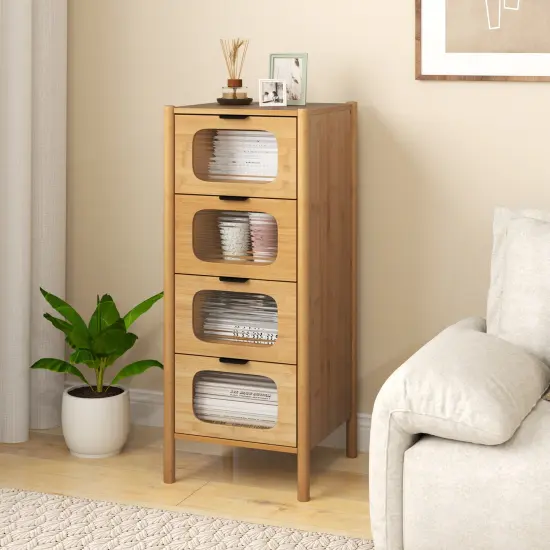 Natural Wicker Storage Cabinet with Tempered Glass Drawers and Soft-Close Slides {4}