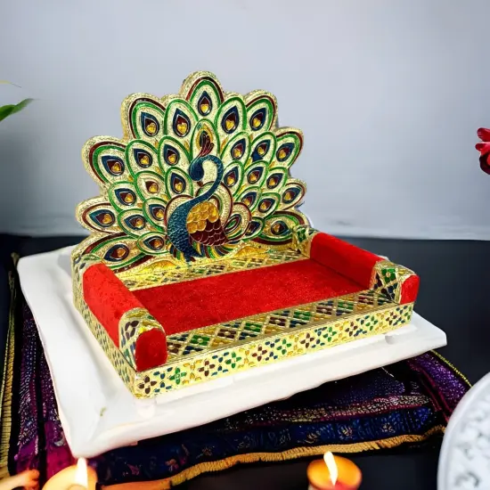 Wooden Laddu Gopal Sinhasan for Pooja Mandir Kanha Ji Singhasan Krishna Aasan for All God Janamashtami Favor Meenakari Peacock Design Singhasan Housewarming Gift {1}