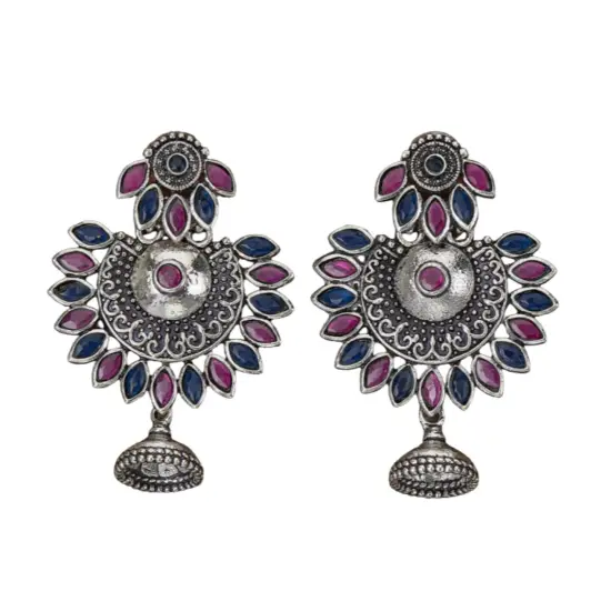 Indian Oxidized Jhumka Earrings for Women - Indian Oxidized Bell Tassel Jhumki Ethnic Floral Chandbali Earrings Faux Pearls Bollywood Style Dangle Earring Jewelry for Bride Gift for Her Ruby Green {4}