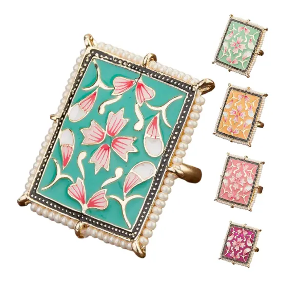 Classic Ring Meenakari Work Designer Adjustable Pearl Finger Ring for Women Minakari Ring with Gold Plating Statement Ring Boho Open Wrap Indian Bollywood Jewelry for Wedding Party White {6}