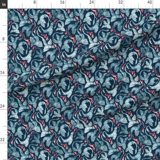 Various Fabrics by the Yard or Fat Quarter Dragon Fire Dark Blue Small Fantasy Watercolor Scarlet Flying Custom Printed Fabric by Spoonflower {1}