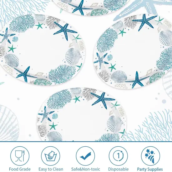 50Pcs Ocean Oval Paper Plates 10" x 12" Large Disposable Heavy Duty Blue Coastal {3}