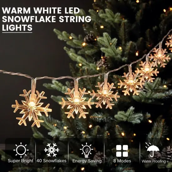 Christmas Snowflake Lights - 20ft 40LED 8 Modes & Timer (Warm White) {4}