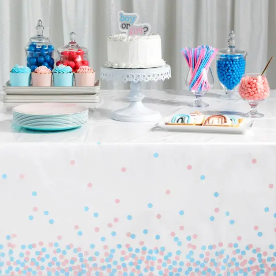 Plastic Table Covers with Pink and Blue Confetti for Gender Reveal (54 x 108 in, 6 Pack) White {3}