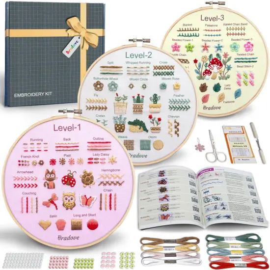 Bradove Beginner Embroidery Kit for Adults Kids, Learn to Embroider 37 Stitches and 13 Cute Patterns, Stitches Kit, Bead Embroidery Kit, Beginner Embroidery Practice {1}