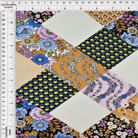 1 Yard Wool Dobby Floral Patchwork Fabric 57/58&Prime; Wide 100% Polyester BLACK/TAN {5}