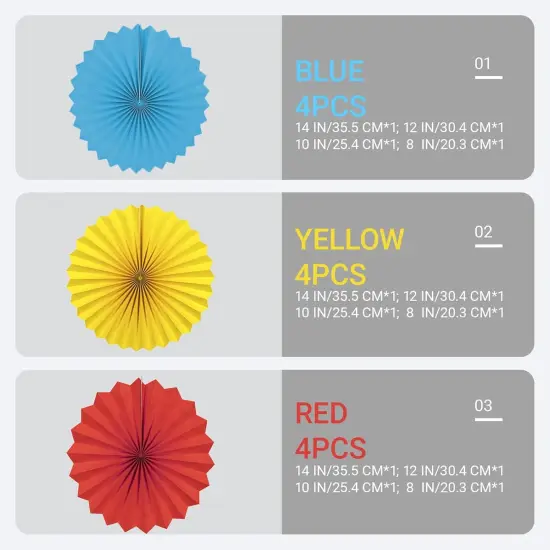 Paper Round Fan Party Decorations, Blue Yellow Red Hanging Fans for Carnival Circus {2}