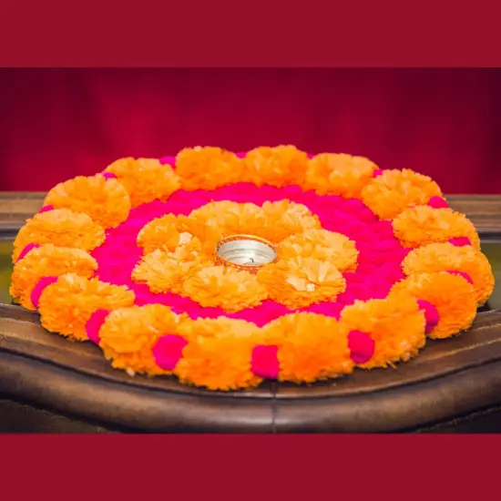 Rangoli Mat Diwali Decor Round Tea Light Holders Artificial Marigold Flowers Pompom Decorative Home Pooja Temple Decor Housewarming Return Gift Day of the Dead Dia De Los Muertos Ofrenda {5}