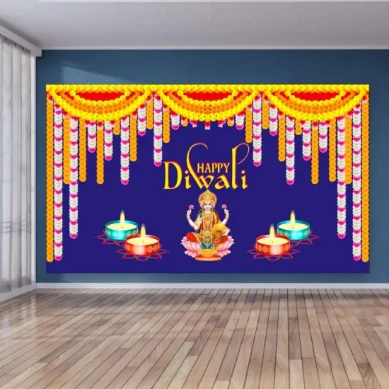 Happy Diwali Banner Indian Traditional Cloth 5x8 Feet Backdrop Indian Diwali Decor Pooja Wall Decor Indian Wall Art Photo Decor Banner Decorative Pooja Cloth Diwali Celebration Blue {1}