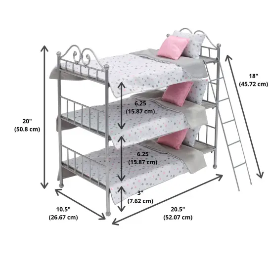 Badger Basket Scrollwork Metal Triple Doll Bunk Bed with Ladder and Bedding - Silver/Pink/Stars {4}