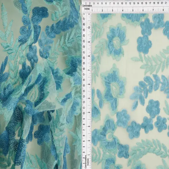 1 Yard Mesh Sequins Embroidery Fabric, Polyester Spandex Blend GREEN {6}