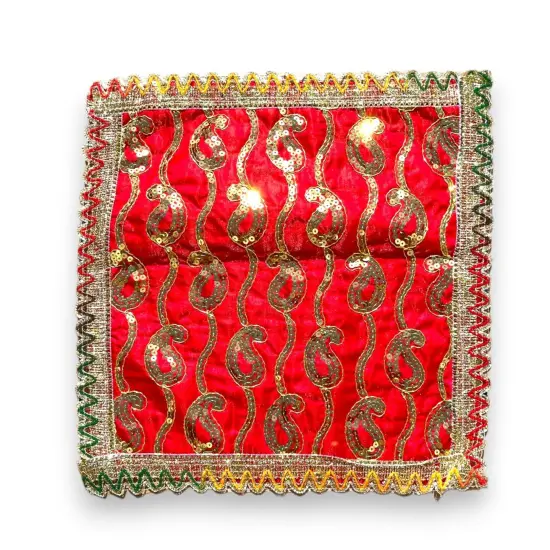 Cloth Pooja Mat Aasan Decorative Silk Mix Fabric Cloth for God Goddess Idol Puja Asan Mandir Temple Home Office Decor Base Chowki Asana Indian Festival Diwali Decoration - Housewarming Gift Red {1}
