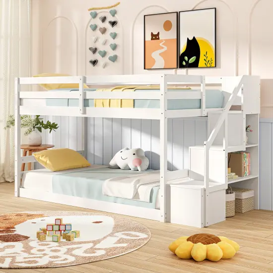 White Twin Over Twin Bunk Bed with Sturdy Pine Wood Frame Storage Staircase and Safety Guardrails {1}