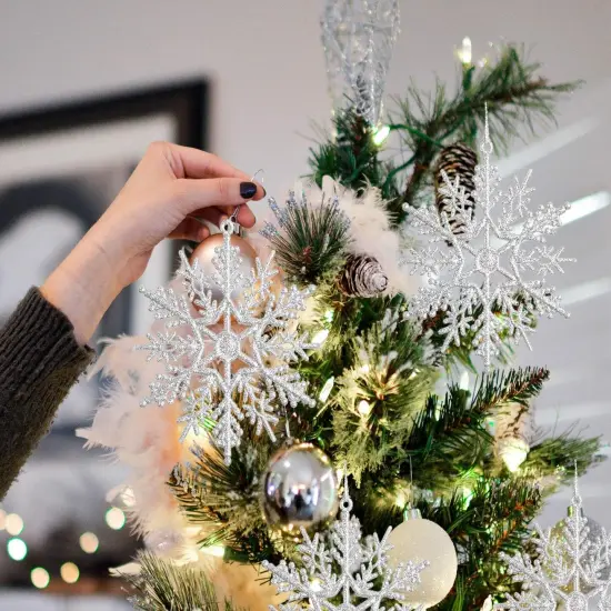 36Pcs Christmas Glitter Snowflake Ornaments - Silver {2}