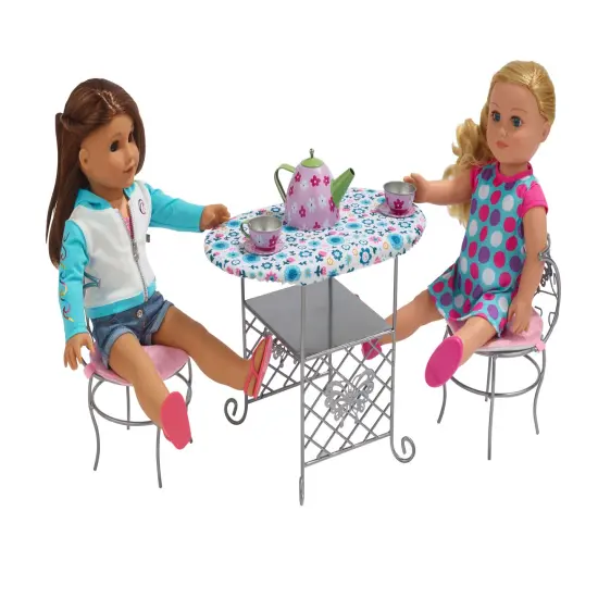 Badger Basket Tea Time Metal Doll Table and Chair Set with Accessories - Silver/Pink/Multi {6}